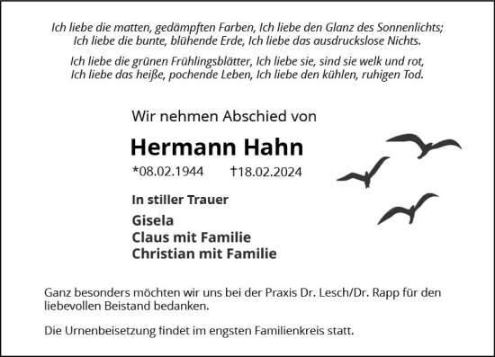 Traueranzeige von Hermann Hahn von Darmstädter Echo