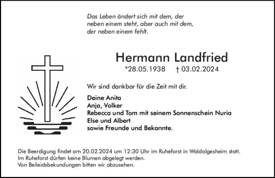 Traueranzeige von Hermann Landfried von Allgemeine Zeitung Bingen/Ingelheim