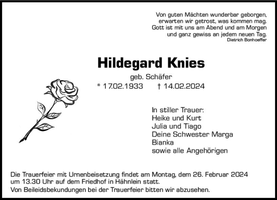 Traueranzeige von Hildegard Knies von Darmstädter Echo