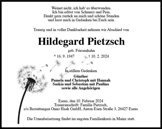 Traueranzeige von Hildegard Pietzsch von Allgemeine Zeitung Mainz