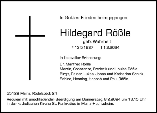 Traueranzeige von Hildegard Rößle von Allgemeine Zeitung Mainz