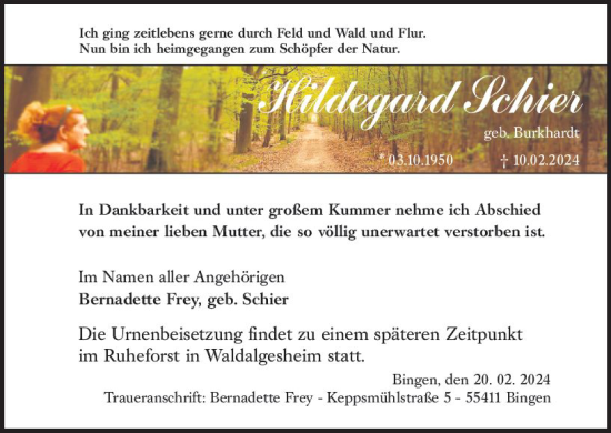 Traueranzeige von Hildegard Schier von Binger-/Ingelheimer Wochenblatt