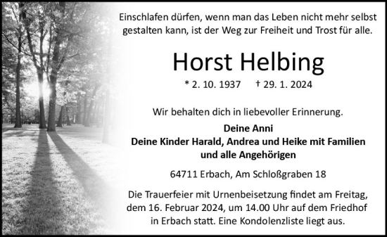 Traueranzeige von Horst Helbing von Odenwälder Echo