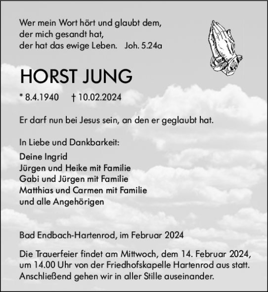 Traueranzeige von Horst Jung von Hinterländer Anzeiger