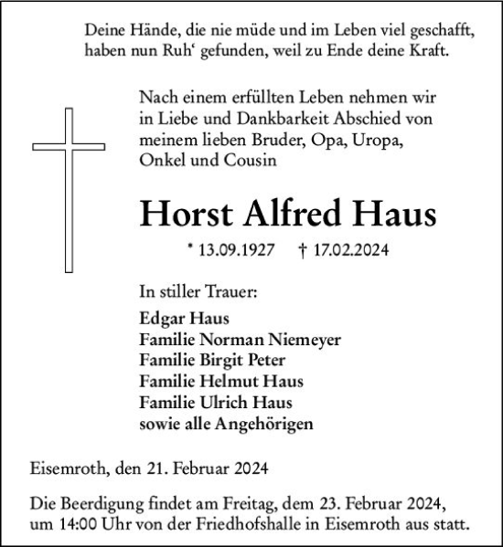 Traueranzeige von Horst Alfred Haus von Dill Block
