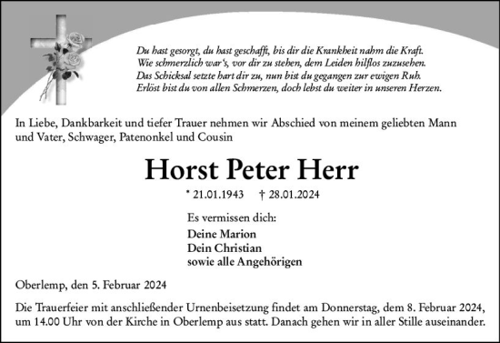 Traueranzeige von Horst Peter Herr von Wetzlarer Neue Zeitung
