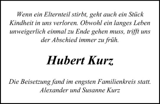 Traueranzeige von Hubert Kurz von Odenwälder Echo