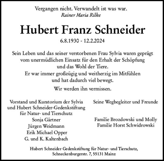 Traueranzeige von Hubert Franz Schneider von Allgemeine Zeitung Mainz