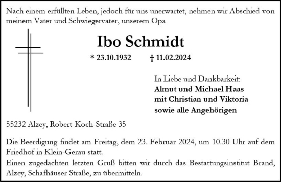 Traueranzeige von Ibo Schmidt von Allgemeine Zeitung Alzey