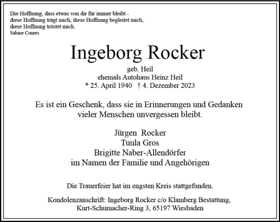 Traueranzeige von Ingeborg Rocker von Wiesbadener Kurier