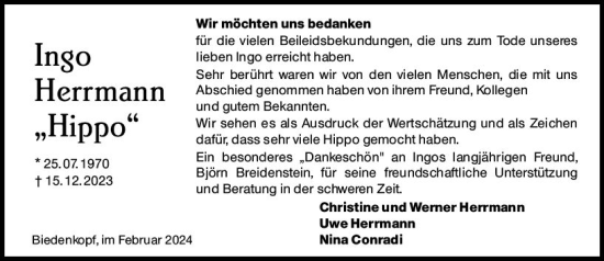 Traueranzeige von Ingo Herrmann von Hinterländer Anzeiger