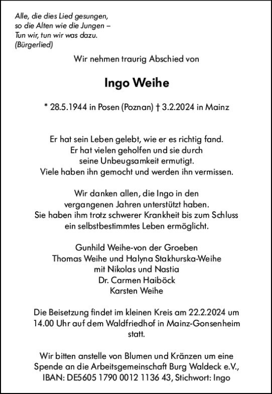 Traueranzeige von Ingo Weihe von Allgemeine Zeitung Mainz