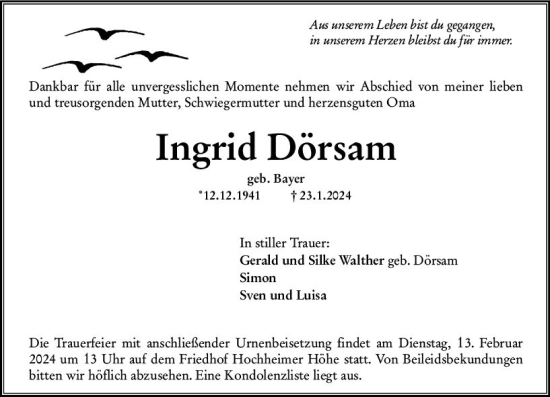 Traueranzeige von Ingrid Dörsam von Wormser Zeitung