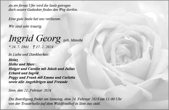 Traueranzeige von Ingrid Georg von Dill Block