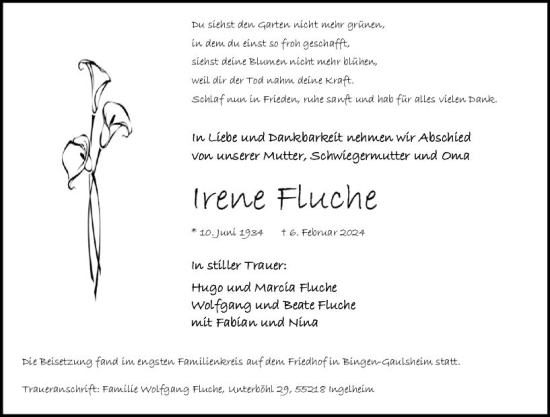 Traueranzeige von Irene Fluche von Allgemeine Zeitung Bingen/Ingelheim