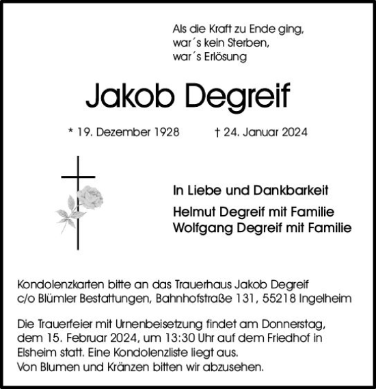 Traueranzeige von Jakob Degreif von Allgemeine Zeitung Mainz