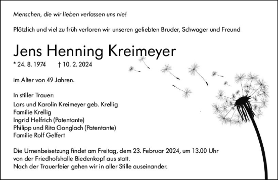 Traueranzeige von Jens Henning Kreimeyer von Hinterländer Anzeiger