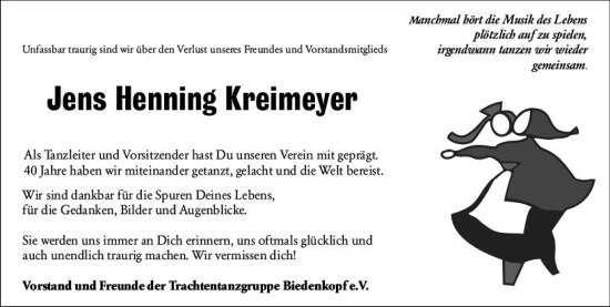 Traueranzeige von Jens Henning Kreimeyer von Hinterländer Anzeiger
