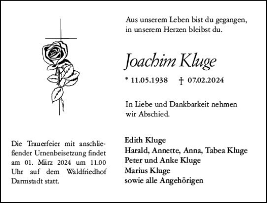 Traueranzeige von Joachim Kluge von Darmstädter Echo