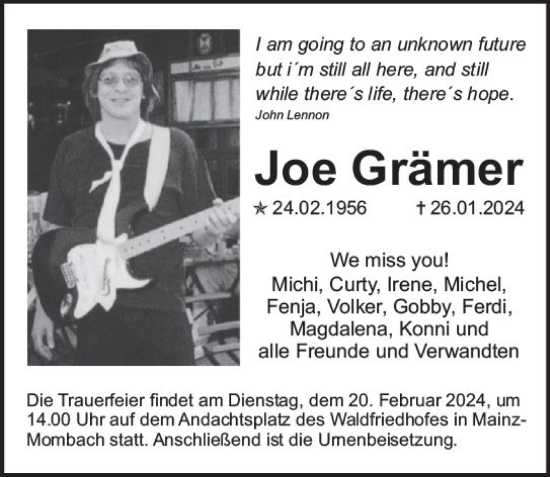 Traueranzeige von Joe Grämer von Allgemeine Zeitung Mainz