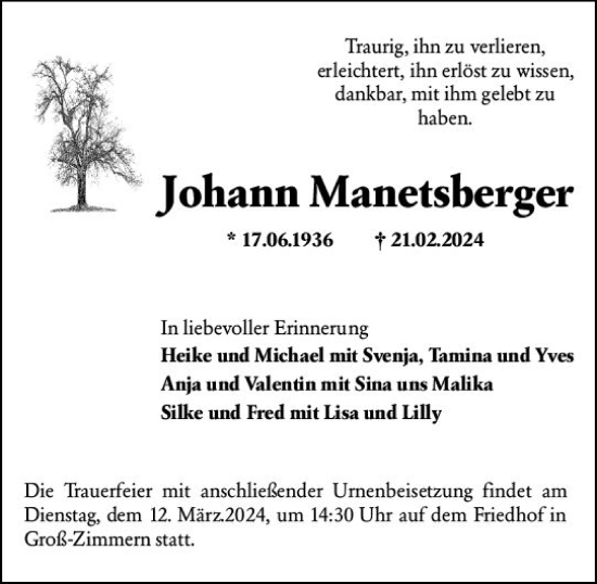 Traueranzeige von Johann Manetsberger von Dieburger Anzeiger/Groß-Zimmerner Lokal-Anzeiger
