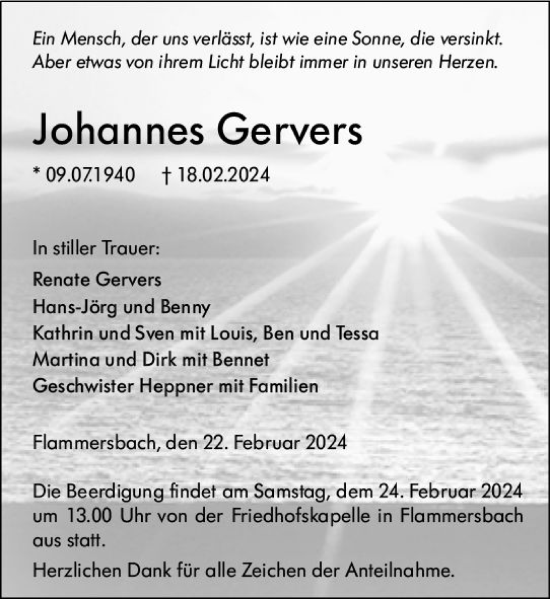 Traueranzeige von Johannes Gervers von Dill Block