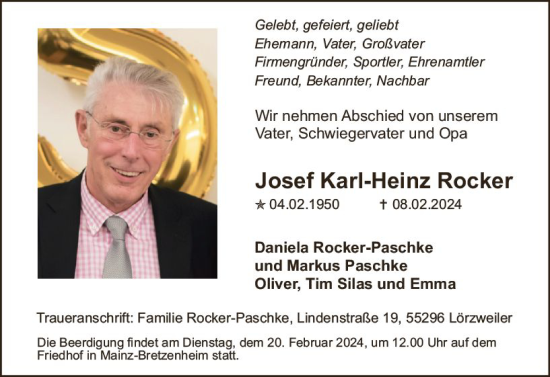 Traueranzeige von Josef Karl-Heinz Rocker von Wiesbadener Kurier