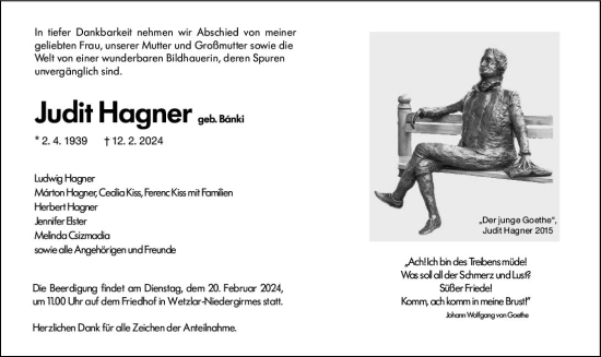 Traueranzeige von Judit Hagner von Wetzlarer Neue Zeitung