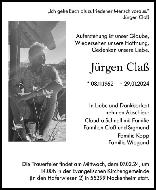 Traueranzeige von Jürgen Claß von Allgemeine Zeitung Mainz
