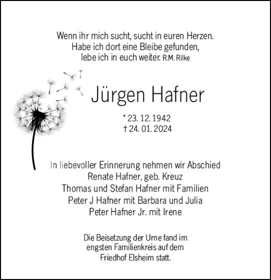 Traueranzeige von Jürgen Hafner von Allgemeine Zeitung Mainz