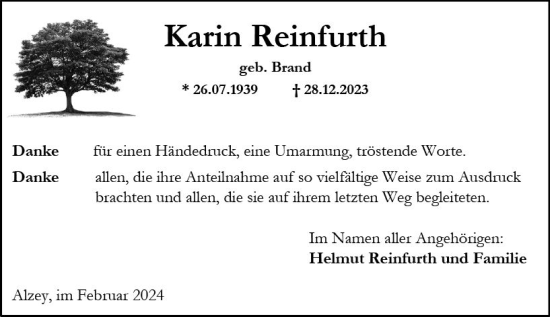 Traueranzeige von Karin Reinfurth von Allgemeine Zeitung Alzey
