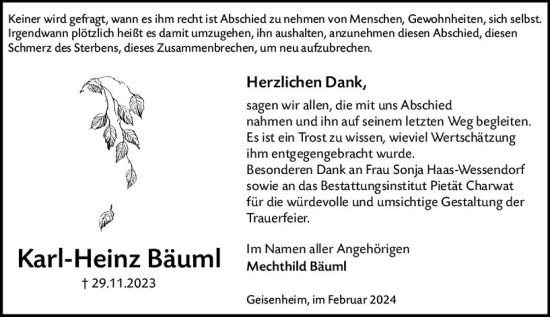 Traueranzeige von Karl-Heinz Bäuml von Wiesbadener Kurier