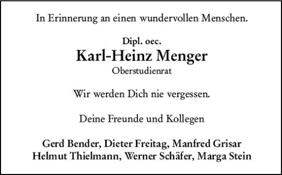 Traueranzeige von Karl-Heinz Menger von Dill Block
