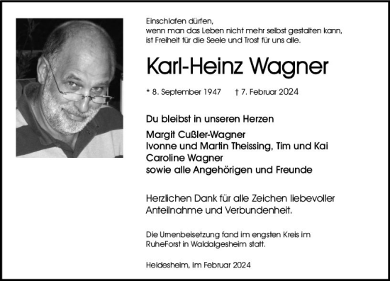 Traueranzeige von Karl-Heinz Wagner von Allgemeine Zeitung Bingen/Ingelheim