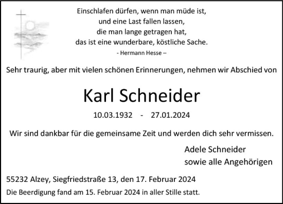 Traueranzeige von Karl Schneider von Allgemeine Zeitung Alzey