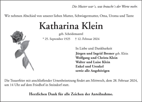 Traueranzeige von Katharina Klein von Wetzlarer Neue Zeitung