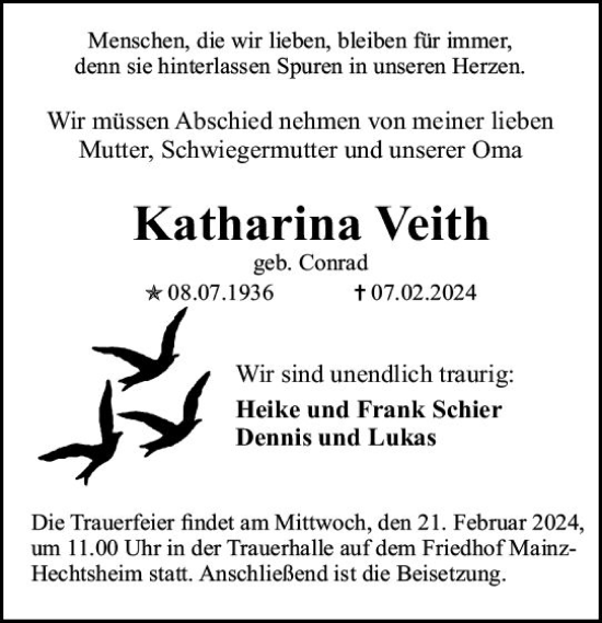 Traueranzeige von Katharina Veith von Allgemeine Zeitung Mainz