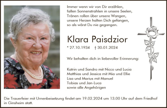 Traueranzeige von Klara Paisdzior von Allgemeine Zeitung Mainz