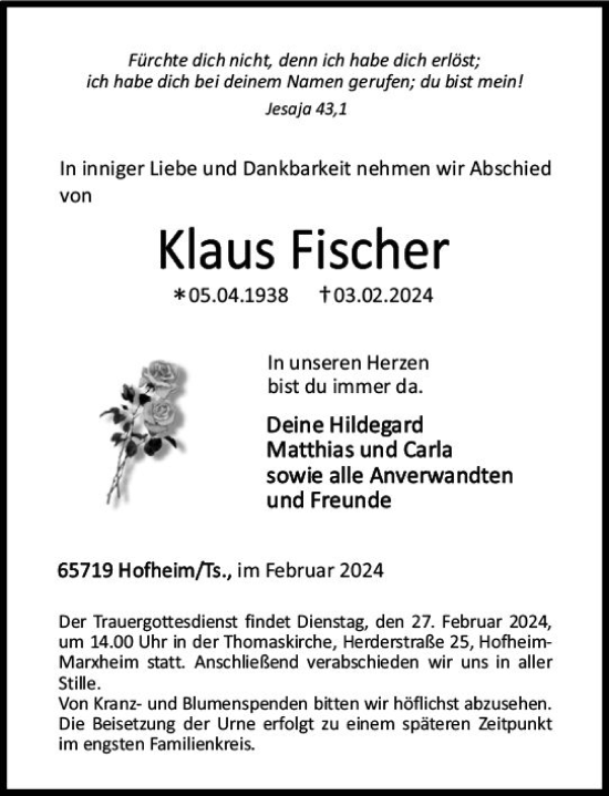 Traueranzeige von Klaus Fischer von Wiesbadener Kurier