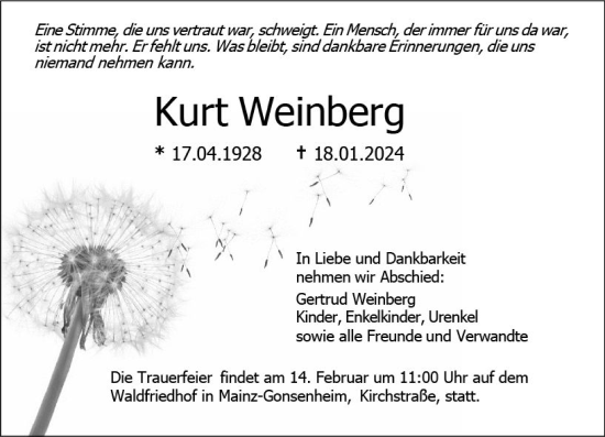 Traueranzeige von Kurt Weinberg von Allgemeine Zeitung Mainz