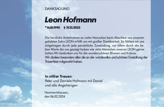 Traueranzeige von Leon Hofmann von Hinterländer Anzeiger