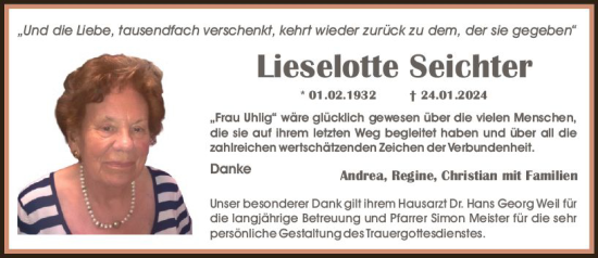 Traueranzeige von Lieselotte Seichter von Allgemeine Zeitung Mainz