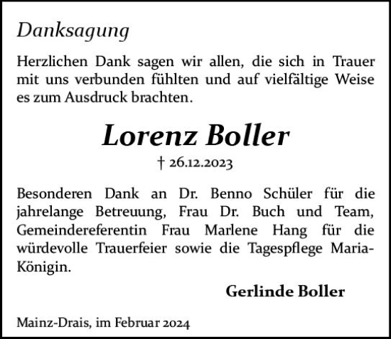 Traueranzeige von Lorenz Boller von Allgemeine Zeitung Mainz