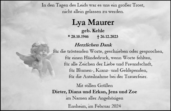 Traueranzeige von Lya Maurer von Allgemeine Zeitung Alzey