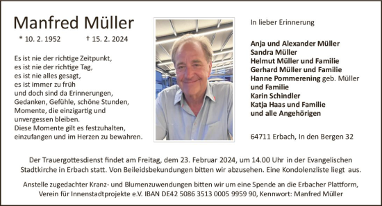 Traueranzeige von Manfred Müller von Odenwälder Echo