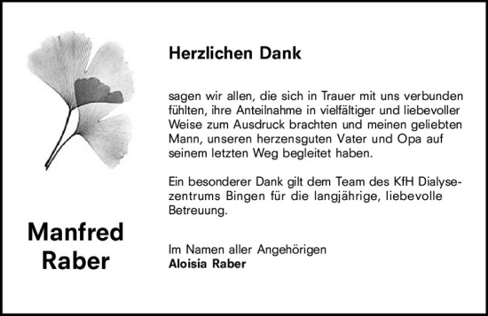 Traueranzeige von Manfred Raber von Allgemeine Zeitung Bingen/Ingelheim