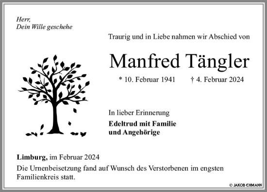Traueranzeige von Manfred Tängler von Nassauische Neue Presse