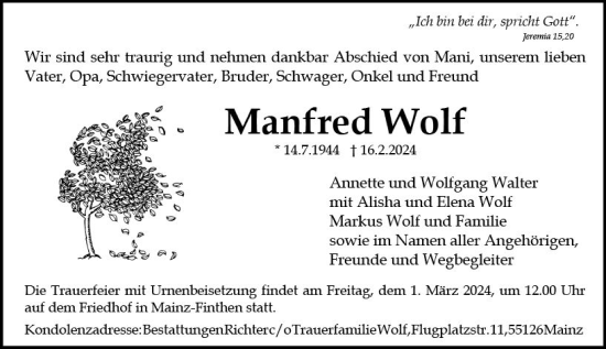 Traueranzeige von Manfred Wolf von Allgemeine Zeitung Mainz