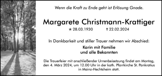 Traueranzeige von Margarete Christmann-Krattiger von Allgemeine Zeitung Mainz