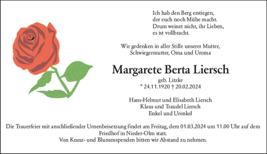 Traueranzeige von Margarete Liersch von Allgemeine Zeitung Mainz
